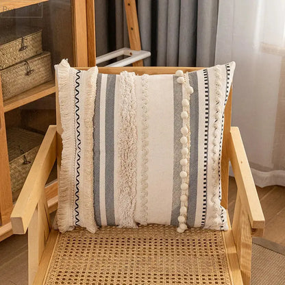 Bohemian beige striped cushion cover with tassels for living room