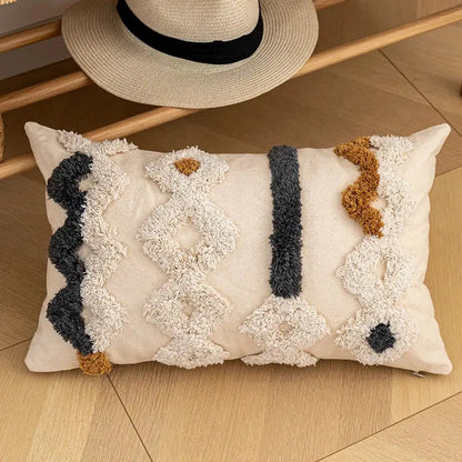 Bohemian beige striped cushion cover with tassels for living room