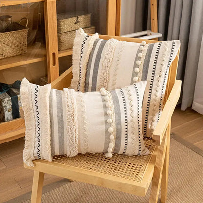 Bohemian beige striped cushion cover with tassels for living room