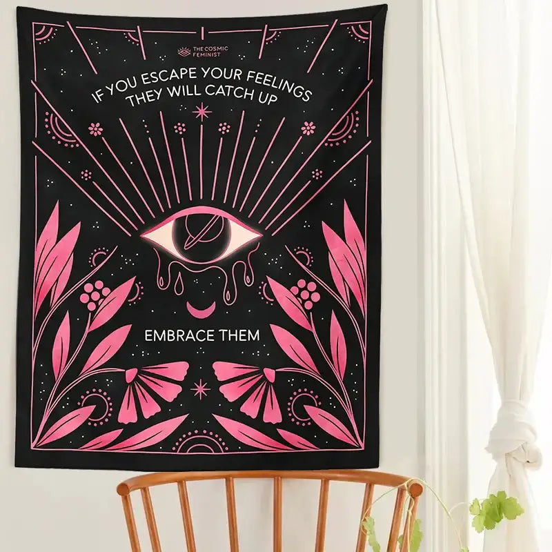 Bohemian black and pink botanical eye tapestry bedroom wall hanging