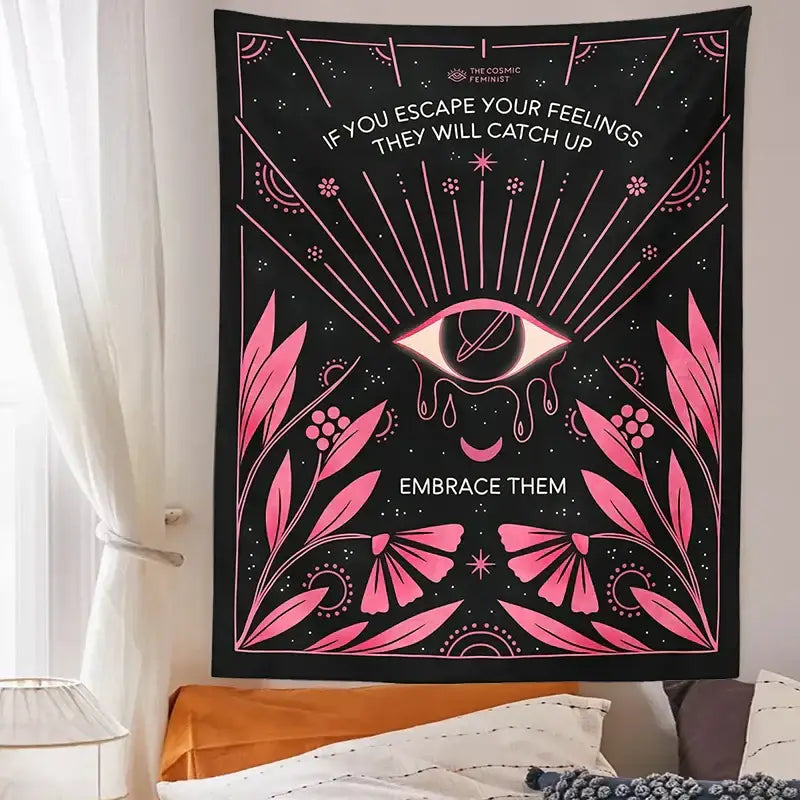 Bohemian black and pink botanical eye tapestry bedroom wall hanging