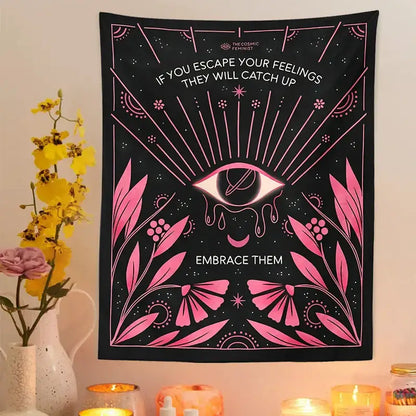Bohemian black and pink botanical eye tapestry bedroom wall hanging