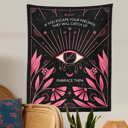 Bohemian black and pink botanical eye tapestry bedroom wall hanging
