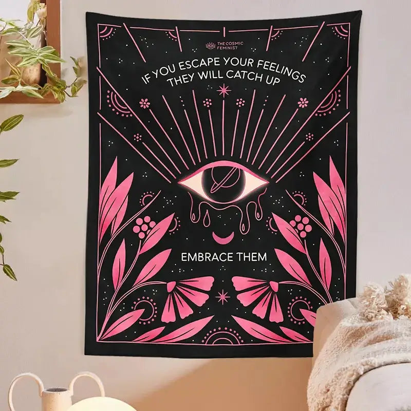 Bohemian black and pink botanical eye tapestry bedroom wall hanging