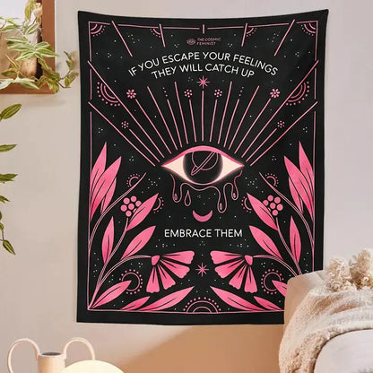 Bohemian black and pink botanical eye tapestry bedroom wall hanging
