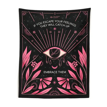 Bohemian black and pink botanical eye tapestry bedroom wall hanging