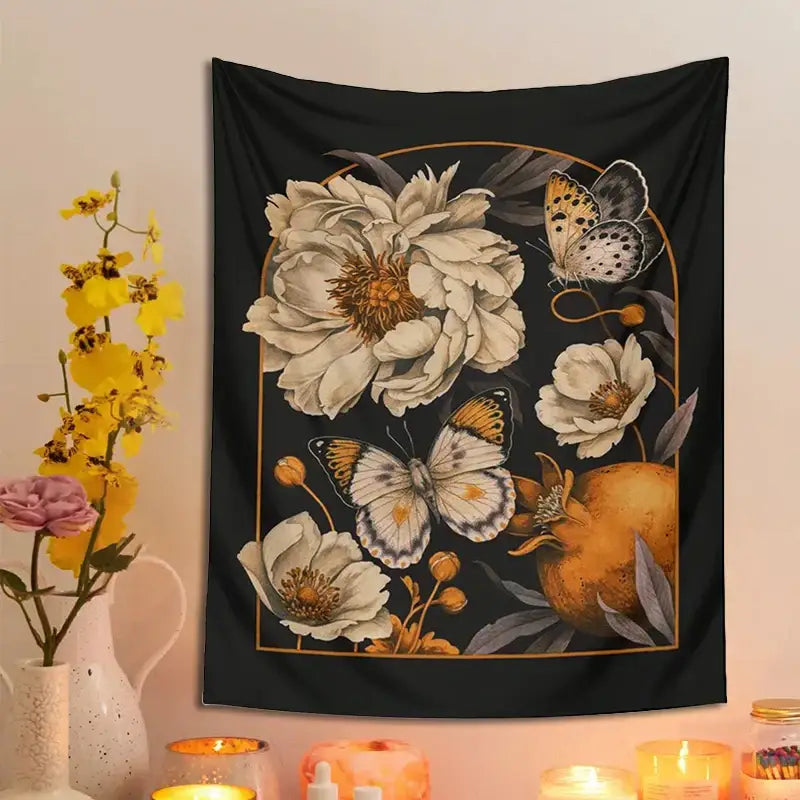 Bohemian black butterfly flower tapestry wall hanging bedroom decor