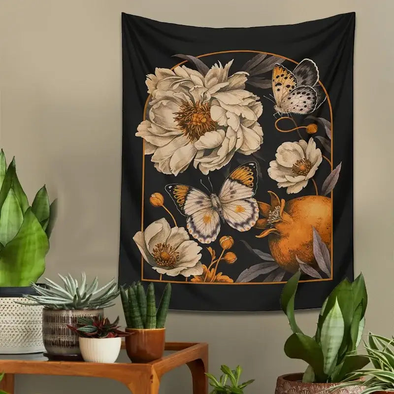 Bohemian black butterfly flower tapestry wall hanging bedroom decor