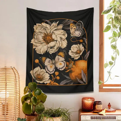 Bohemian black butterfly flower tapestry wall hanging bedroom decor