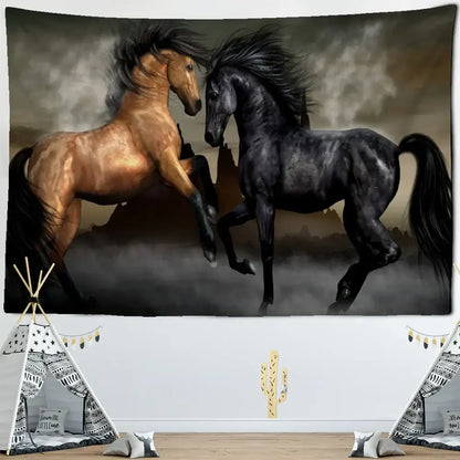 Bohemian black & gold galloping horse tapestry living room wall art