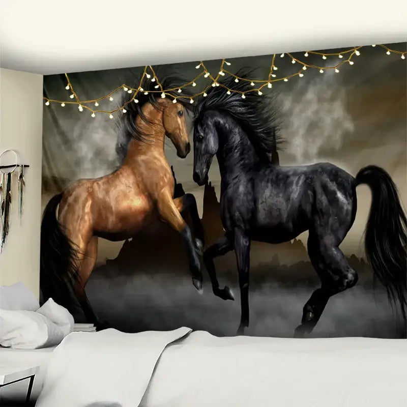 Bohemian black & gold galloping horse tapestry living room wall art