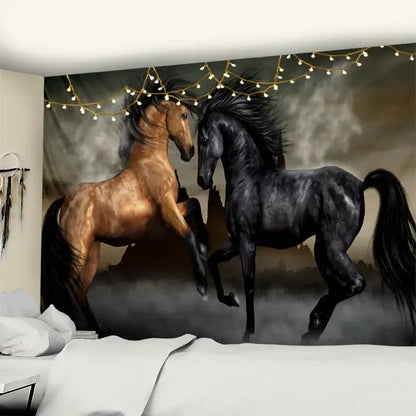 Bohemian black & gold galloping horse tapestry living room wall art