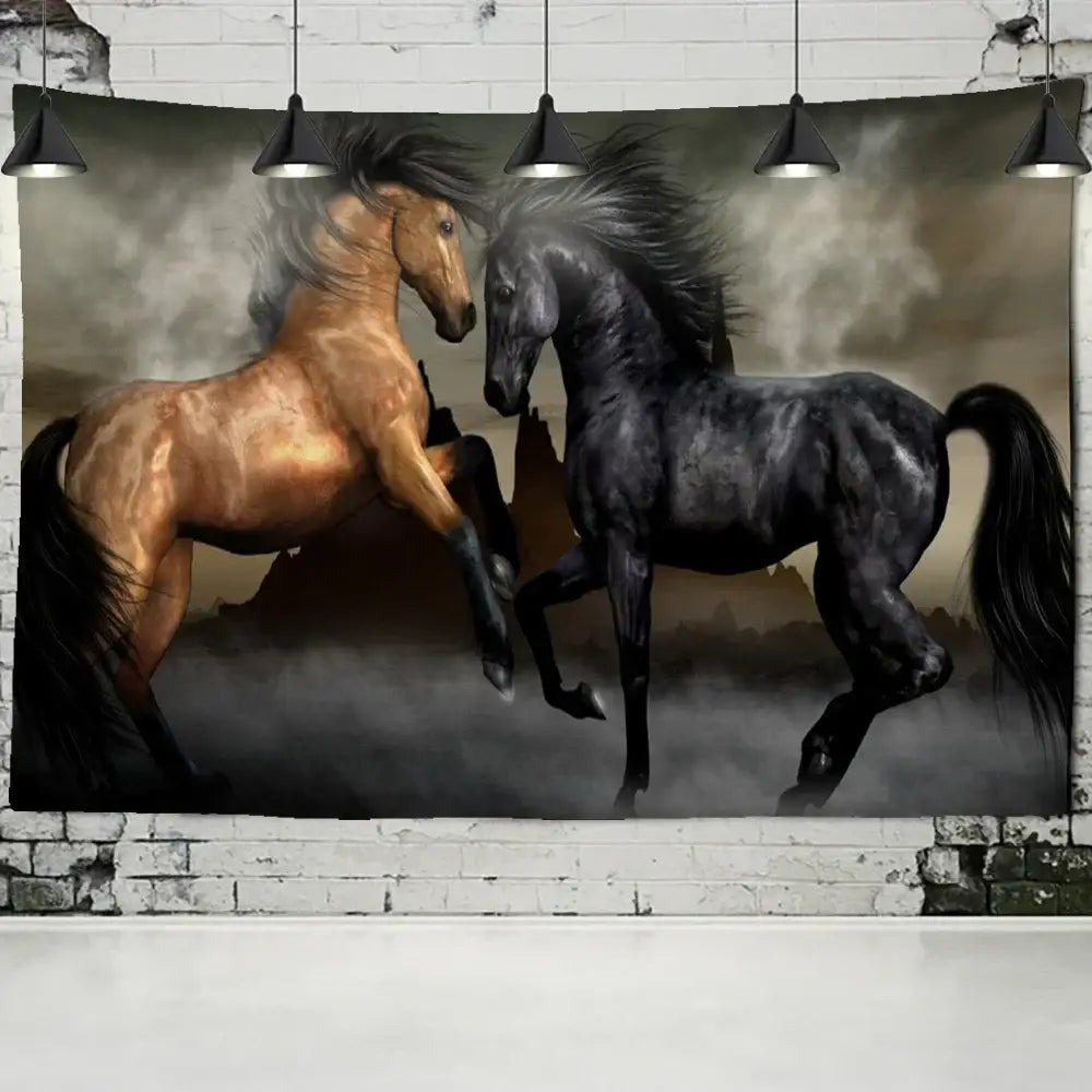 Bohemian black & gold galloping horse tapestry living room wall art