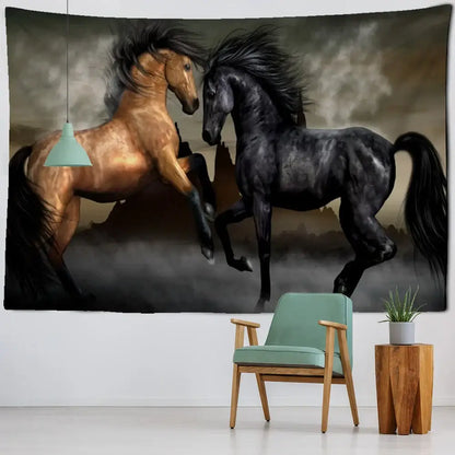 Bohemian black & gold galloping horse tapestry living room wall art