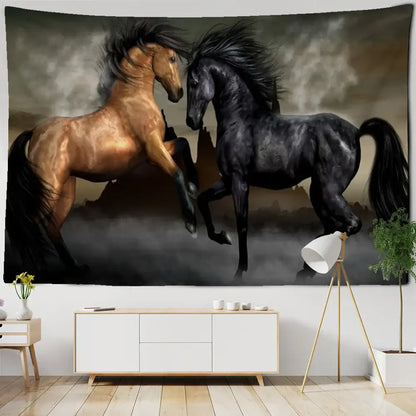 Bohemian black & gold galloping horse tapestry living room wall art