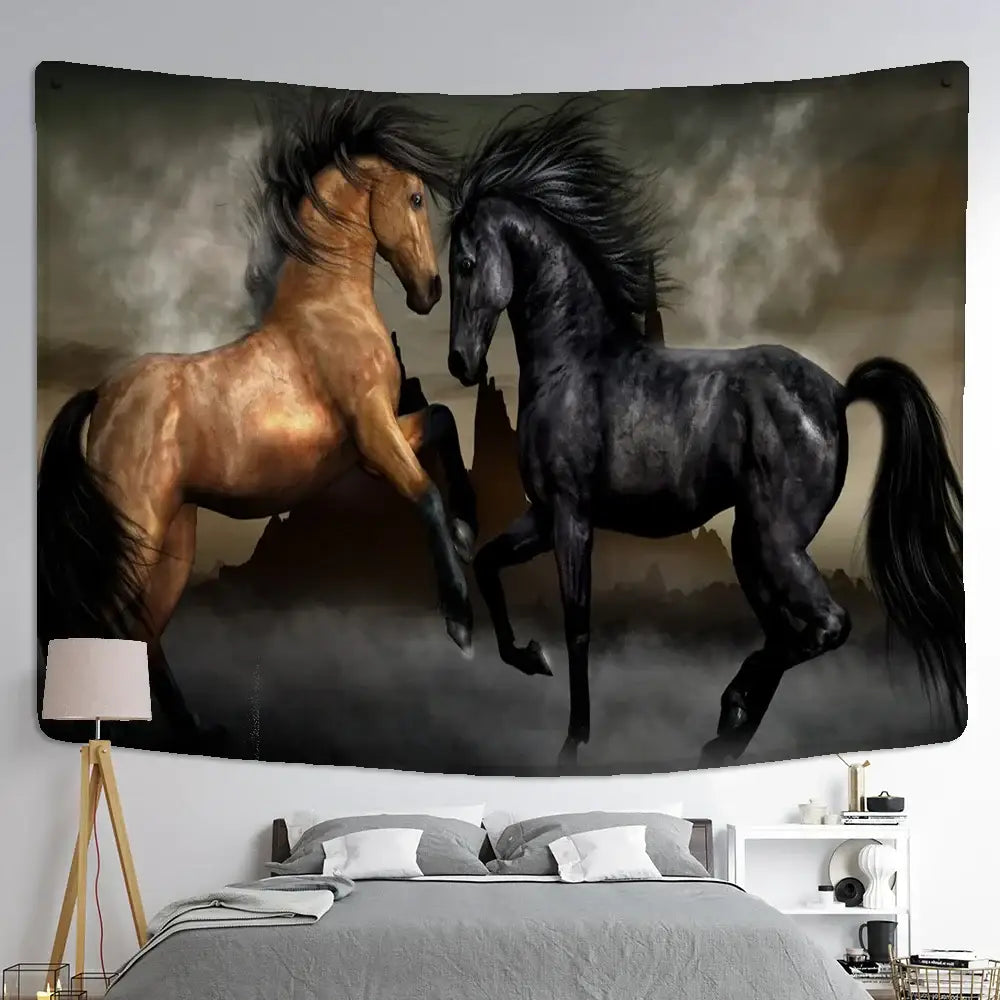 Bohemian black & gold galloping horse tapestry living room wall art