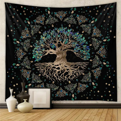Bohemian black & white tree of life tapestry yoga mat bedroom decor