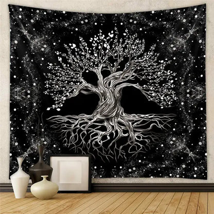Bohemian black & white tree of life tapestry yoga mat bedroom decor