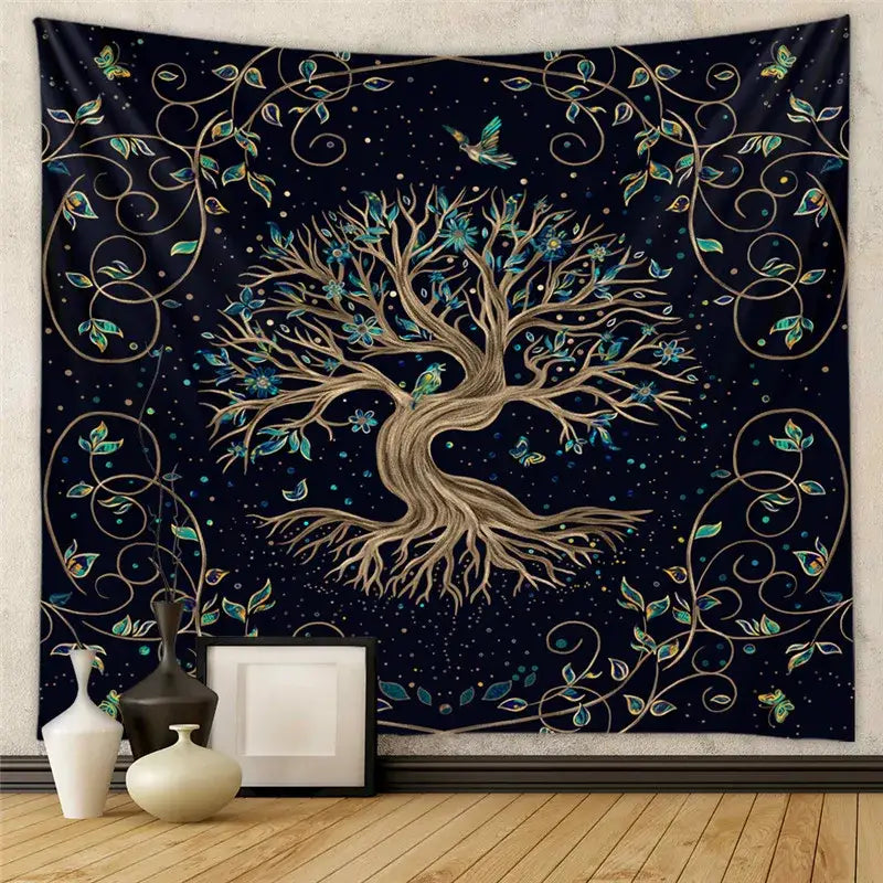 Bohemian black & white tree of life tapestry yoga mat bedroom decor