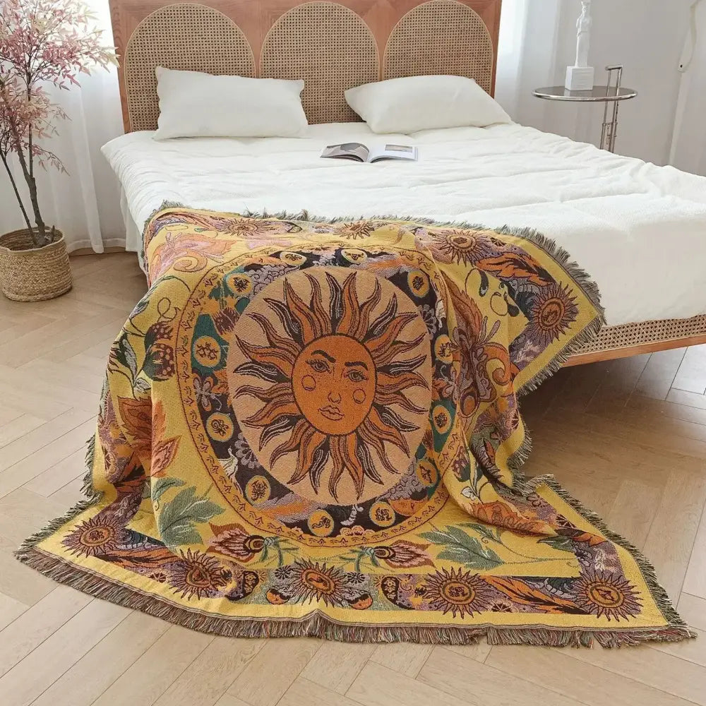 Bohemian camping blanket yellow sun pattern living room throw