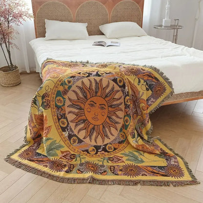 Bohemian camping blanket yellow sun pattern living room throw
