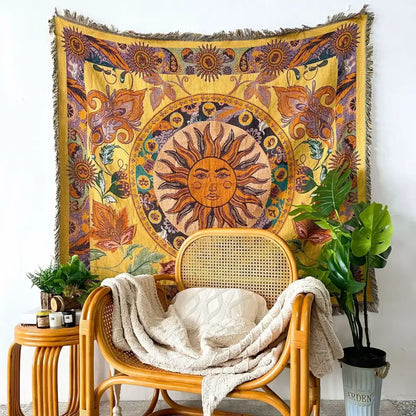 Bohemian camping blanket yellow sun pattern living room throw