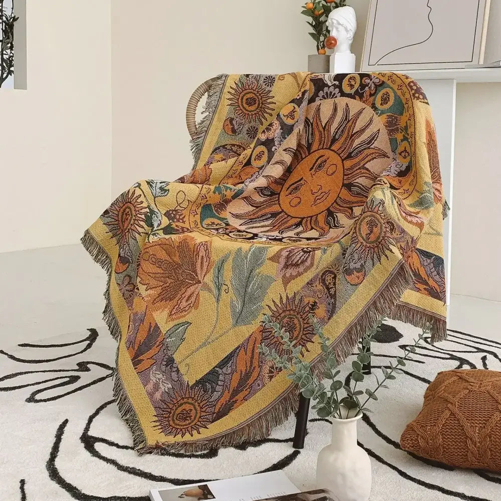Bohemian camping blanket yellow sun pattern living room throw