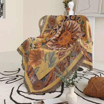 Bohemian camping blanket yellow sun pattern living room throw