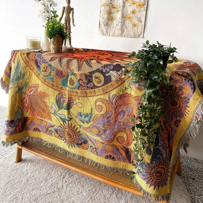 Bohemian camping blanket yellow sun pattern living room throw