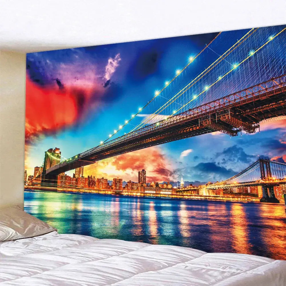 Bohemian city view tapestry brooklyn bridge wall hanging bedroom decor