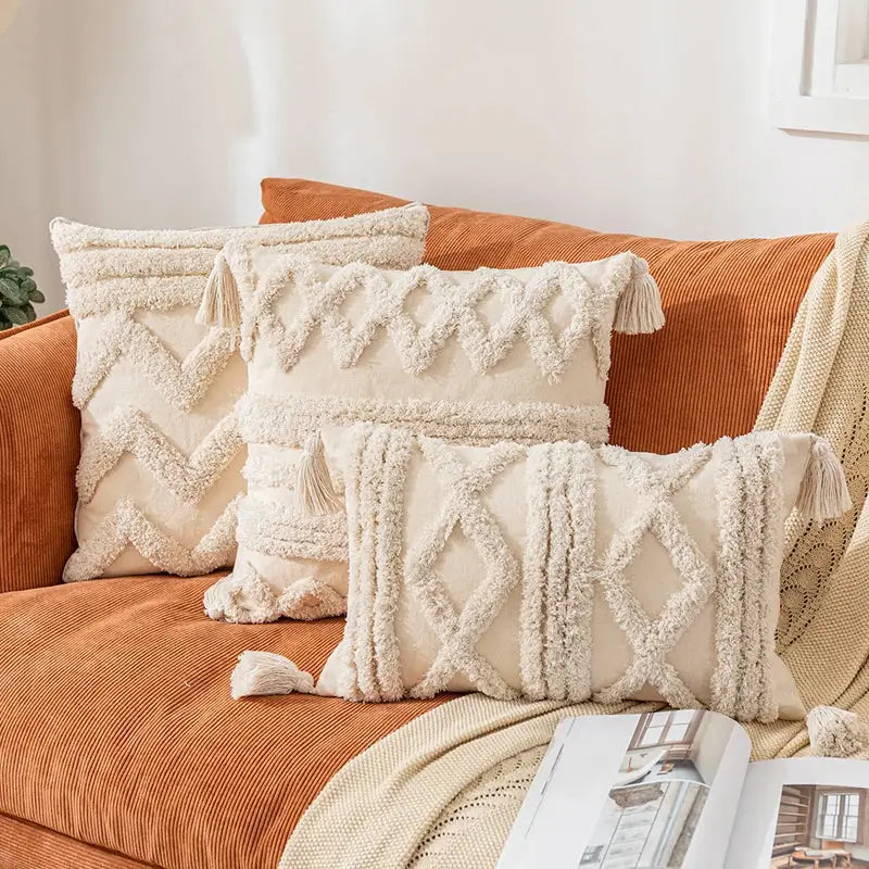 Bohemian cream geometric tassel cushion covers living room decor