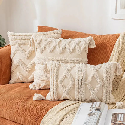 Bohemian cream geometric tassel cushion covers living room decor
