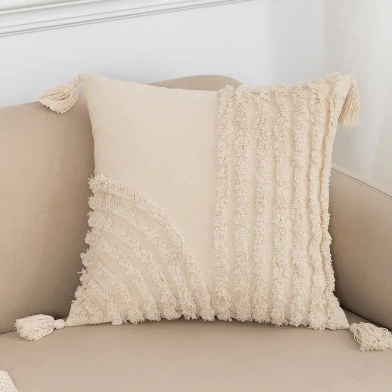 Bohemian cream geometric tassel cushion covers living room decor