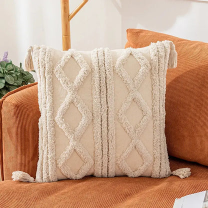 Bohemian cream geometric tassel cushion covers living room decor