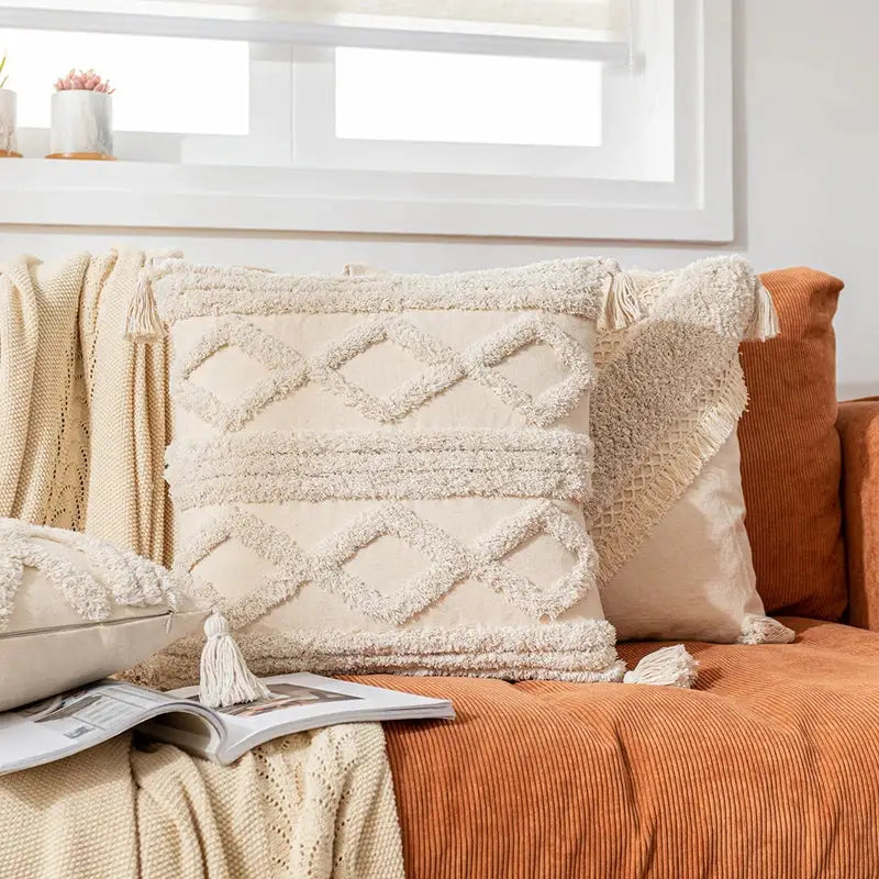 Bohemian cream geometric tassel cushion covers living room decor
