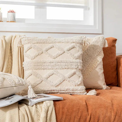 Bohemian cream geometric tassel cushion covers living room decor