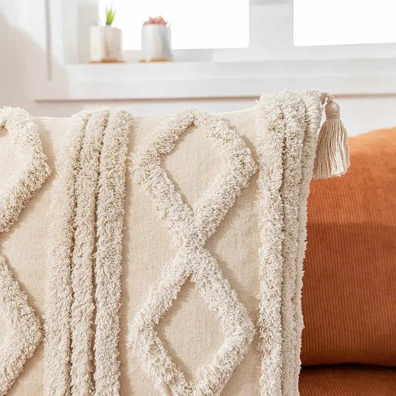 Bohemian cream geometric tassel cushion covers living room decor