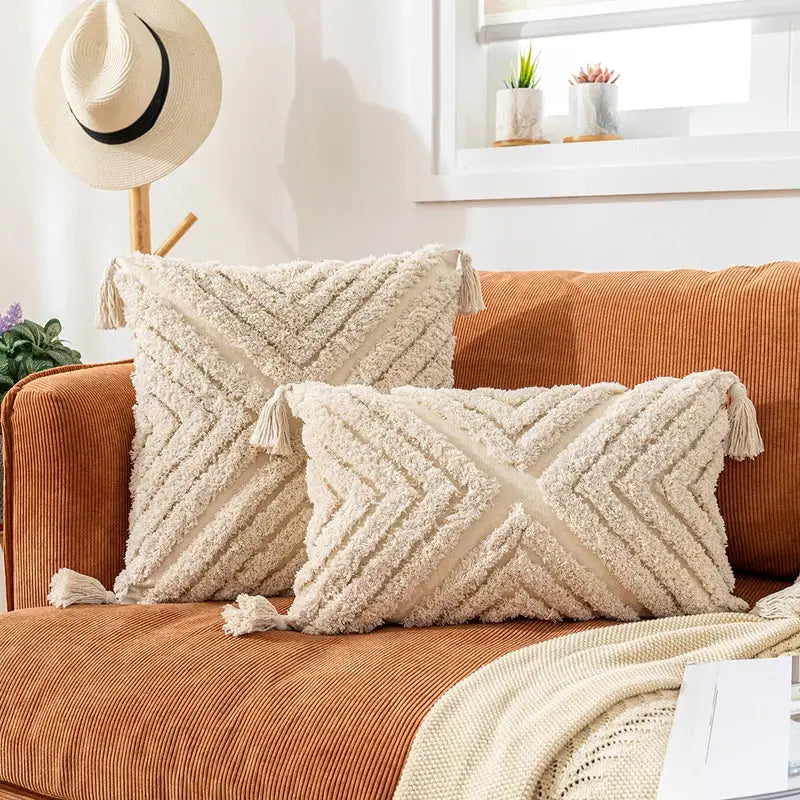 Bohemian cream geometric tassel cushion covers living room decor