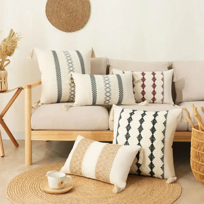 Bohemian cream & gray geometric tassel cushion cover living room