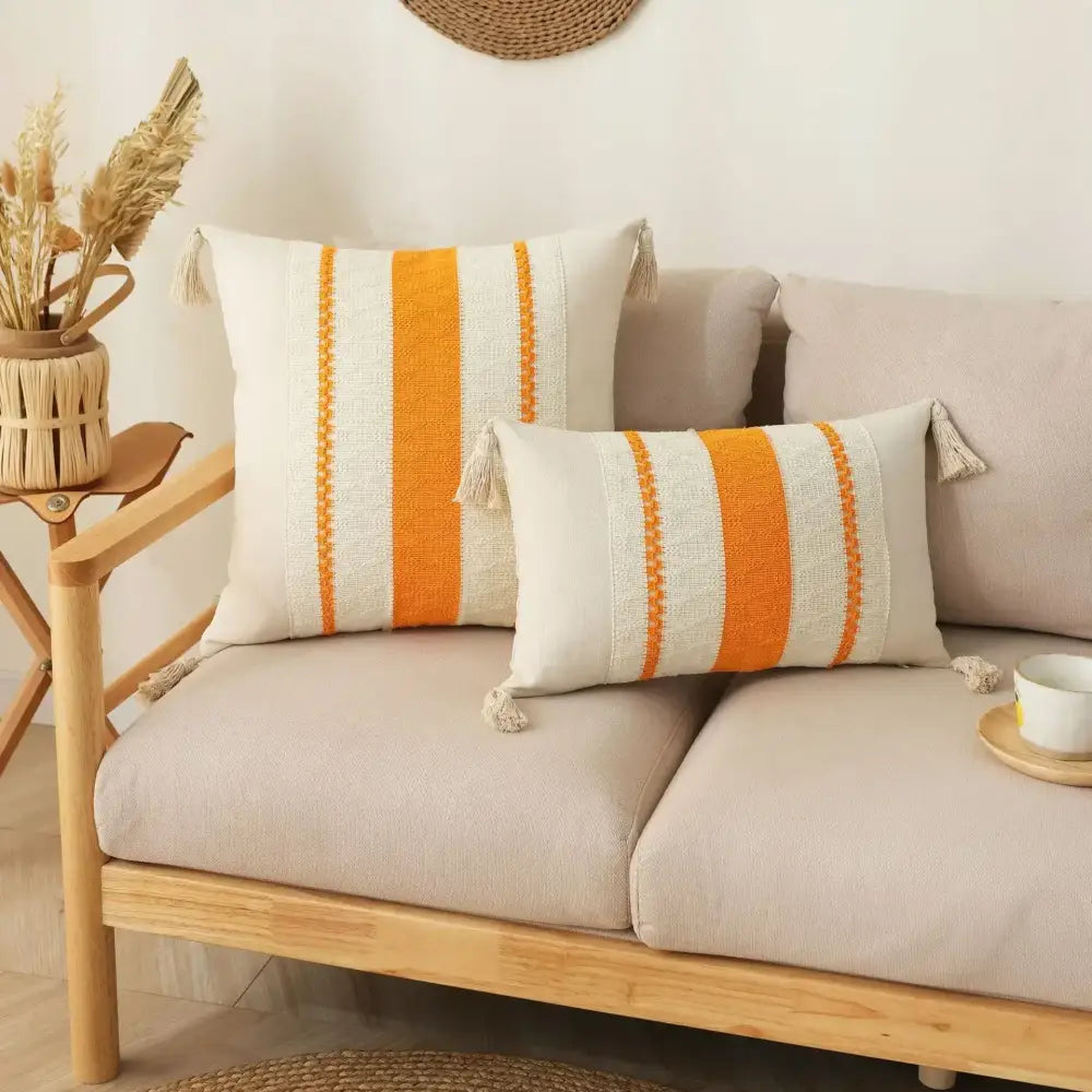 Bohemian cream & gray geometric tassel cushion cover living room