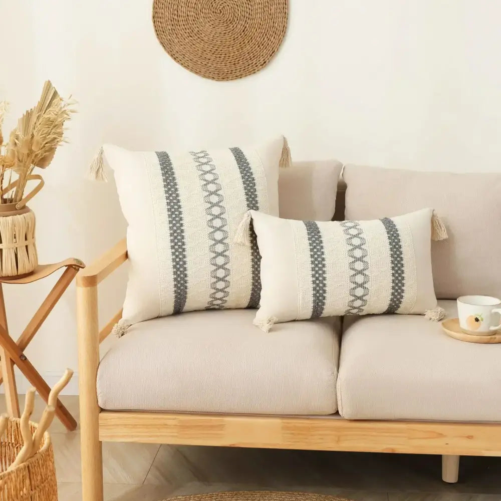 Bohemian cream & gray geometric tassel cushion cover living room