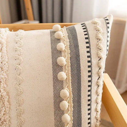 Bohemian cream & gray striped cotton cushion cover living room pom-pom