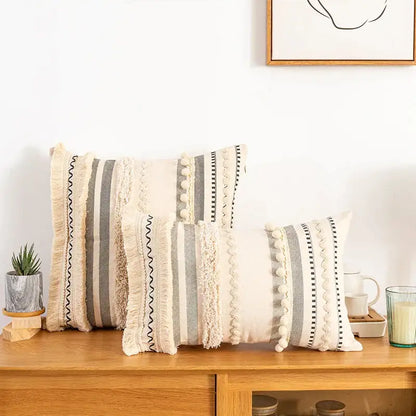 Bohemian cream & gray striped cotton cushion cover living room pom-pom