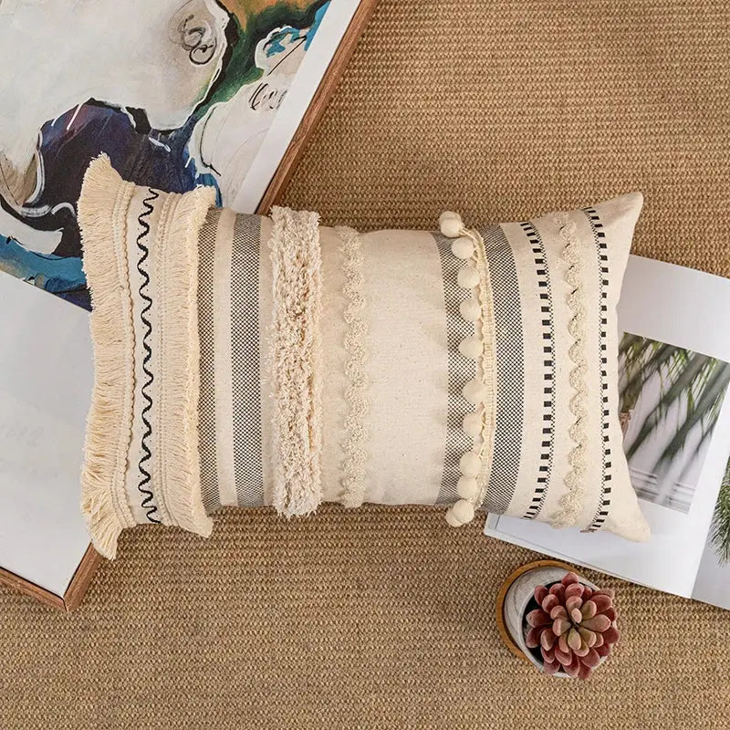 Bohemian cream & gray striped cotton cushion cover living room pom-pom