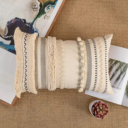 Bohemian cream & gray striped cotton cushion cover living room pom-pom