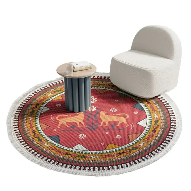 Bohemian ethnic round area rug red and gold lion bedroom decor