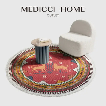 Bohemian ethnic round area rug red and gold lion bedroom decor