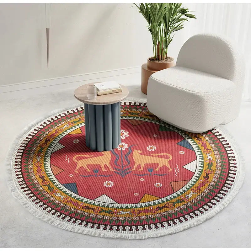 Bohemian ethnic round area rug red and gold lion bedroom decor