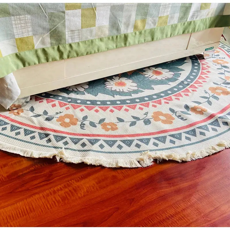 Bohemian ethnic round area rug red and gold lion bedroom decor