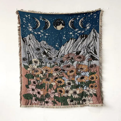 Bohemian floral celestial woven throw blanket living room fringed tapestry